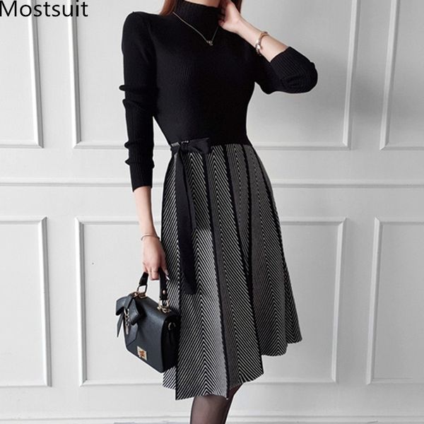 korean knitted pleated midi-length dress women lace-up belted long sleeve stand collar elegant vintage dresses vestido 210518, Black;gray
korean knitted pleated midi-length dress women lace-up belted long sleeve stand collar elegant vintage dresses vestido 210518, Black;gray