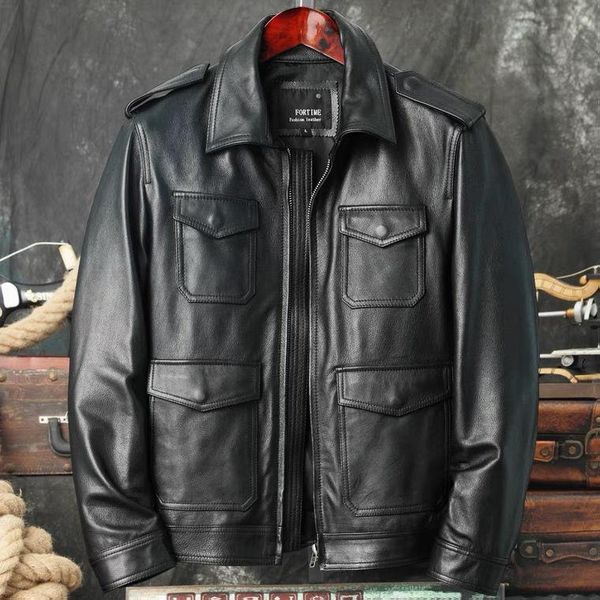 men's leather & faux genuine jacket pure head short military hunting lapel casual autumn coat, Black
men's leather & faux genuine jacket pure head short military hunting lapel casual autumn coat, Black