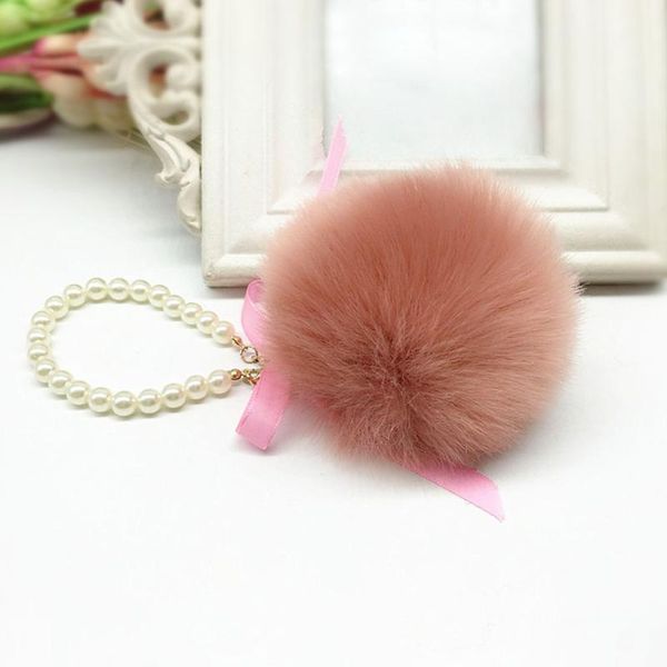 

keychains keychain fancy pearls pompons fur ball cell phone car pendant handbag charm pompom keyring, Silver