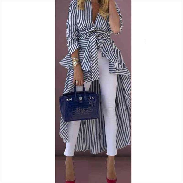 women stripe shirt high low blouse casual deep v-neck long sleeve irregular tied front dip hem tunic with belt, White
women stripe shirt high low blouse casual deep v-neck long sleeve irregular tied front dip hem tunic with belt, White