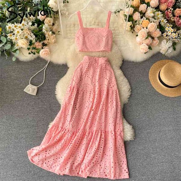2 piece skirts sets women summer hollow out short camis tank and back zipper midi skirt white green pink 210607
2 piece skirts sets women summer hollow out short camis tank and back zipper midi skirt white green pink 210607