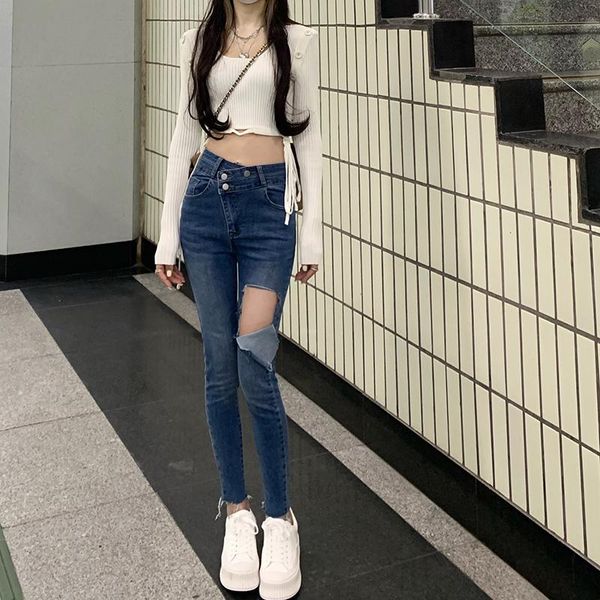 women's jeans korean version of the high-waist all-match tight-fitting ripped trousers feet nine points autumn clothing, Blue
women's jeans korean version of the high-waist all-match tight-fitting ripped trousers feet nine points autumn clothing, Blue