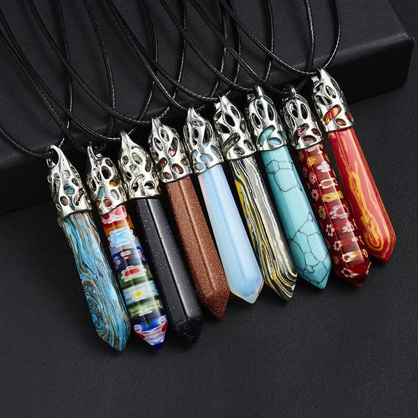 hexagonal column natural stone pendant necklace for women colorful reiki chakra jewelry kids gift leather rope chain choker, Silver
hexagonal column natural stone pendant necklace for women colorful reiki chakra jewelry kids gift leather rope chain choker, Silver
