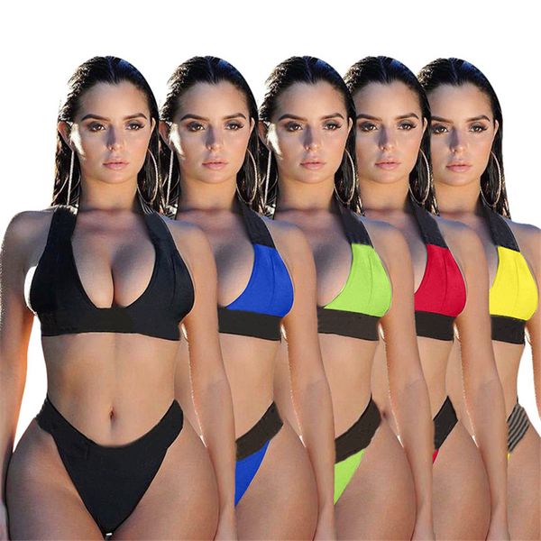 women swimwear bikini two piece swimsuits solid color bathing suits letter print sleeveless halter bra+bottom summer clothing 4757, White;black
women swimwear bikini two piece swimsuits solid color bathing suits letter print sleeveless halter bra+bottom summer clothing 4757, White;black