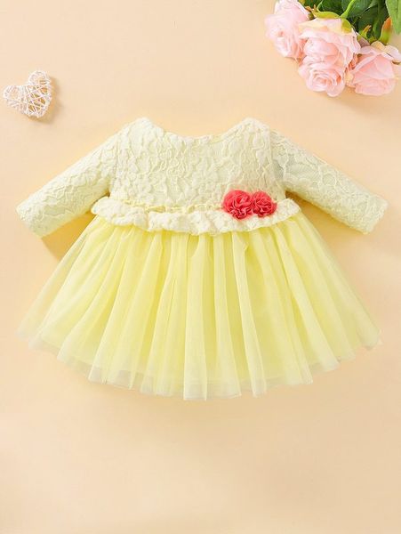 baby contrast lace stereo flower frill trim mesh dress she02, Red;yellow