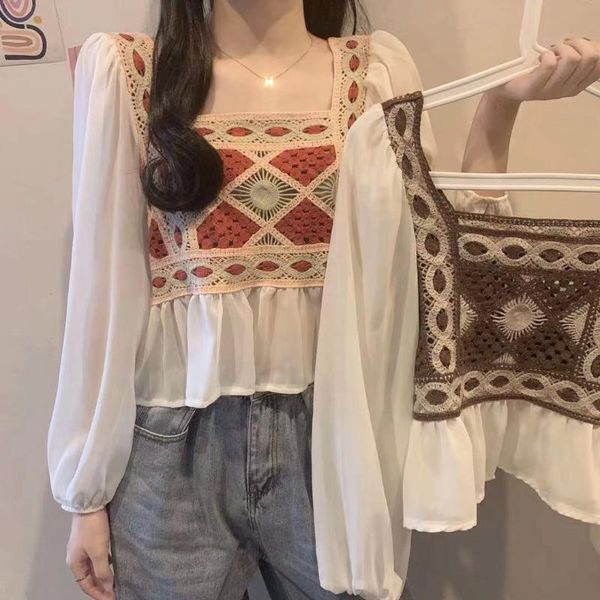women's blouses & shirts french square collar stitching lace chiffon shirt blouse long sleeves women ladies corset top, White
women's blouses & shirts french square collar stitching lace chiffon shirt blouse long sleeves women ladies corset top, White
