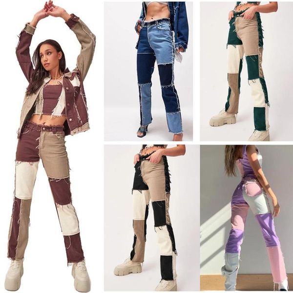 women's jeans women long trousers high waist slim thin fashionable washed color matching casual stitching straight retro, Blue
women's jeans women long trousers high waist slim thin fashionable washed color matching casual stitching straight retro, Blue