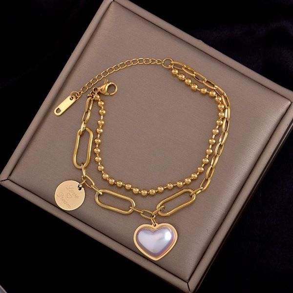 link, chain 316l stainless stee minority light luxury all-in-one exquisite high-level sense gold heart-shaped colorful pearl bracelete, Black
link, chain 316l stainless stee minority light luxury all-in-one exquisite high-level sense gold heart-shaped colorful pearl bracelete, Black