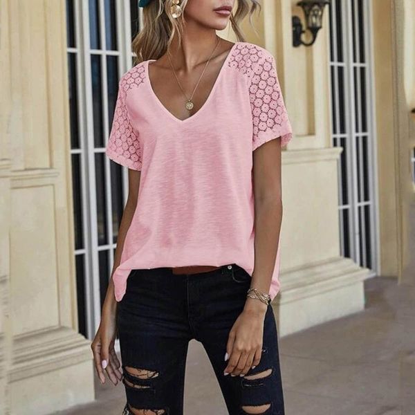 women's blouses & shirts women v-neck summer casual solid color pleated lace stitching short sleeved tshirt elegant loose hollow out cl, White
women's blouses & shirts women v-neck summer casual solid color pleated lace stitching short sleeved tshirt elegant loose hollow out cl, White