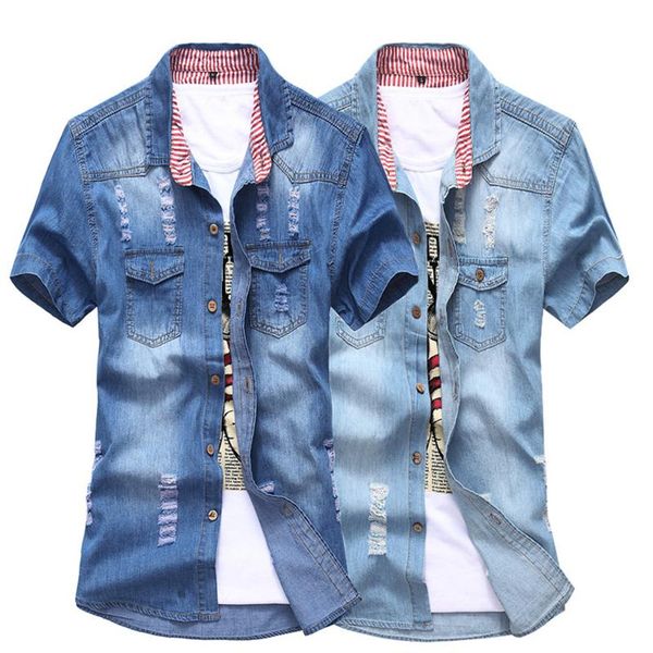 men's casual shirts men short sleeve blue ripped jean shirt summer thin breathable chemise homme fashion denim camisa masculina, White;black
men's casual shirts men short sleeve blue ripped jean shirt summer thin breathable chemise homme fashion denim camisa masculina, White;black