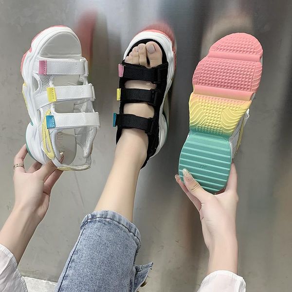 women summer sandals heel height 7cm fashion shoes waterproof platform rainbow sole, Black
women summer sandals heel height 7cm fashion shoes waterproof platform rainbow sole, Black