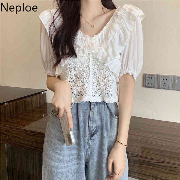 neploe women blouse korean ruffles patchwork v neck puff sleeve chic shirts elegant hollow out blusas summer white short 210422
neploe women blouse korean ruffles patchwork v neck puff sleeve chic shirts elegant hollow out blusas summer white short 210422