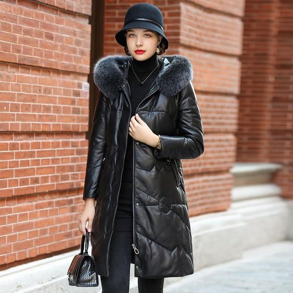 women's leather & faux winter genuine sheepskin jacket fur collar coat famale hooded long white duck down coats veste cuir femme, Black
women's leather & faux winter genuine sheepskin jacket fur collar coat famale hooded long white duck down coats veste cuir femme, Black