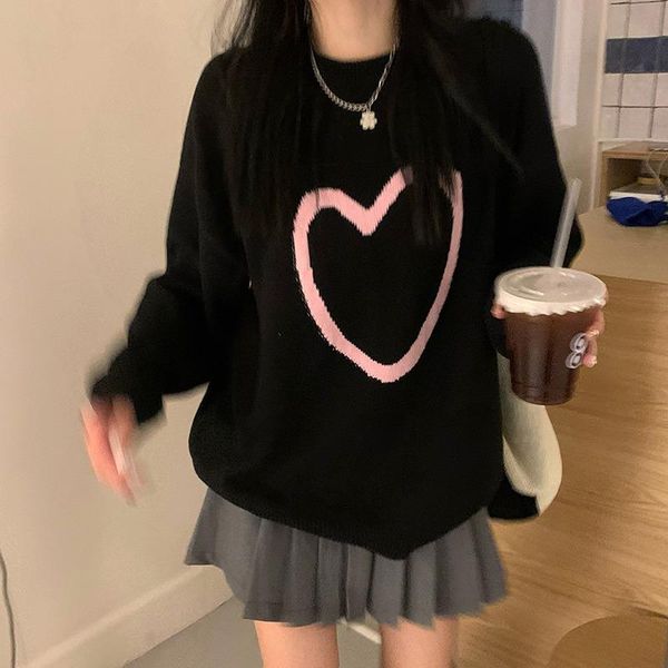 women's sweaters tide chic hit color heart jacquard sweater fashion casual loose woman o neck long sleeve knitted pullover, White;black
women's sweaters tide chic hit color heart jacquard sweater fashion casual loose woman o neck long sleeve knitted pullover, White;black