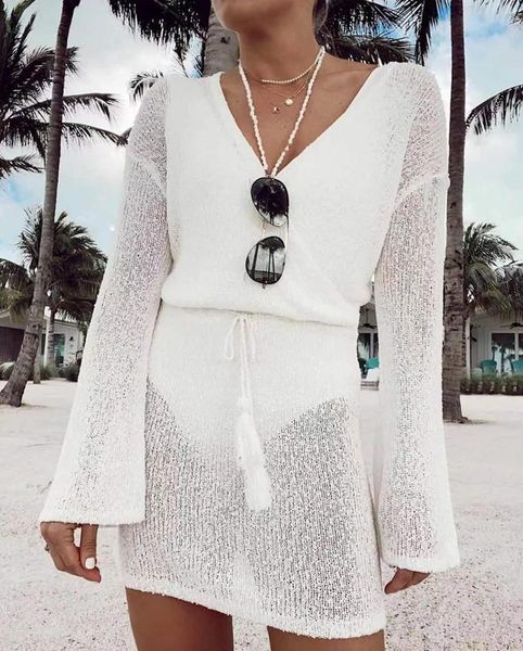 women's swimwear 2021 tassel bikini cover up long sleeve knitted tunic for beach pareos summer deep v neck kaftan beachwear, White;black
women's swimwear 2021 tassel bikini cover up long sleeve knitted tunic for beach pareos summer deep v neck kaftan beachwear, White;black
