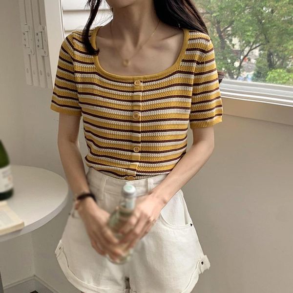 women's t-shirt women striped knitted female short sleeve hollow slim bottoming summer square collar t shirts, White
women's t-shirt women striped knitted female short sleeve hollow slim bottoming summer square collar t shirts, White