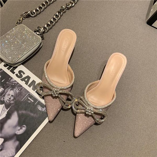 slippers 2021 spring rhinestone bow sandals with satin pointed thin heel, Black
slippers 2021 spring rhinestone bow sandals with satin pointed thin heel, Black