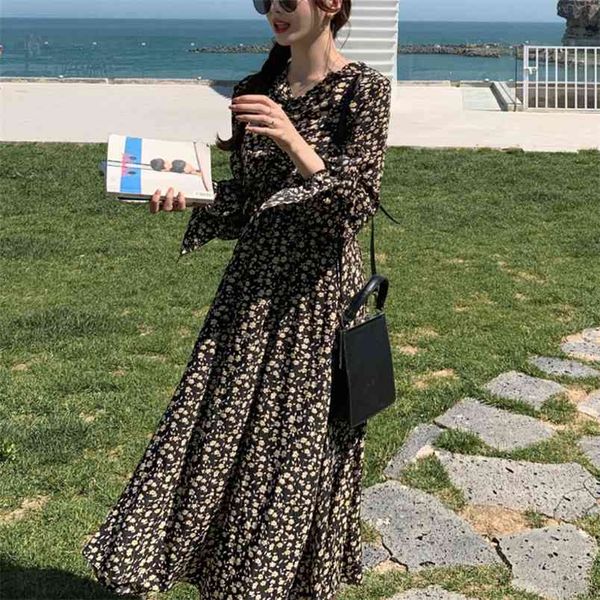 autumn winter elegant korean vintage floral print women dress female holiday boho beach party long vestidos robe 210514, Black;gray 
autumn winter elegant korean vintage floral print women dress female holiday boho beach party long vestidos robe 210514, Black;gray