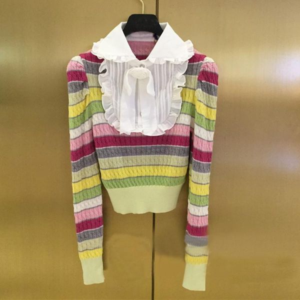 women's sweaters fashion women slim bodycon sweater 2021 autumn turn down collar rainbow striped knitted pullover jumper, White;black
women's sweaters fashion women slim bodycon sweater 2021 autumn turn down collar rainbow striped knitted pullover jumper, White;black