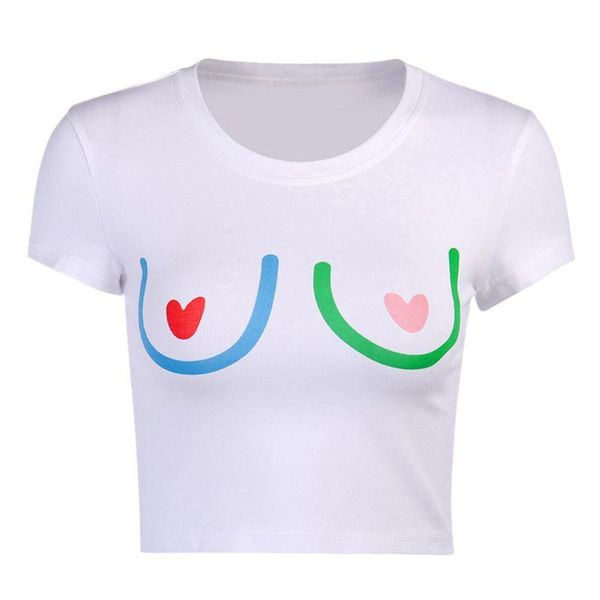 women's t-shirt women short sleeve contrast color heart print slim o-neck crop est, White
women's t-shirt women short sleeve contrast color heart print slim o-neck crop est, White