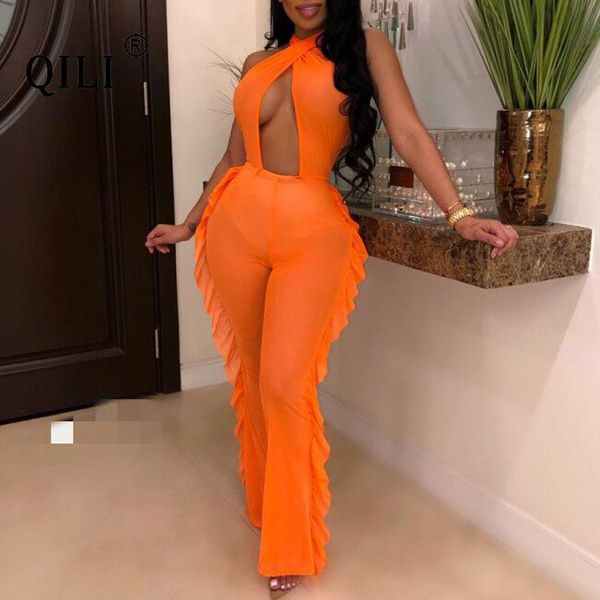 women's jumpsuits & rompers qili open chest backless mesh women sleeveless ruffles wide leg long pants orange jumpsuit party night club, Black;white 
women's jumpsuits & rompers qili open chest backless mesh women sleeveless ruffles wide leg long pants orange jumpsuit party night club, Black;white