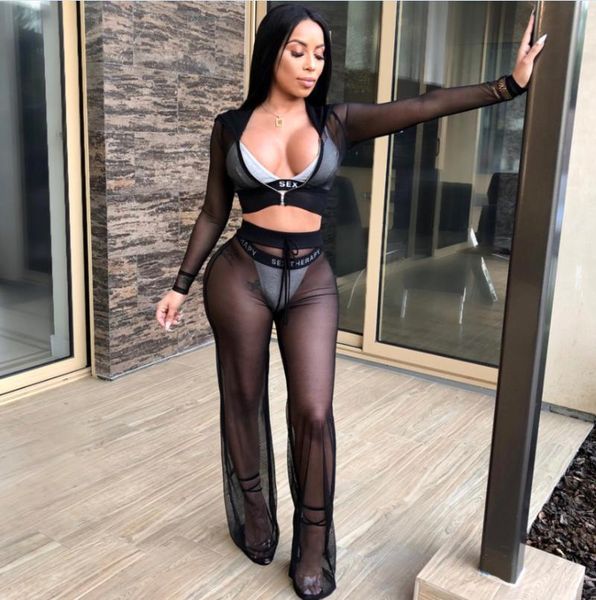 women two-piece mesh sets swimsuit cover-ups solid color long sleeve hooded crop and pants see through sheer outfits women's swimw, White;black
women two-piece mesh sets swimsuit cover-ups solid color long sleeve hooded crop and pants see through sheer outfits women's swimw, White;black