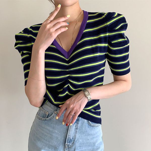 striped shirts for women tshirts puff sleeve folds v-neck knitting 2021 summer new fashion casual korean clothing, White
striped shirts for women tshirts puff sleeve folds v-neck knitting 2021 summer new fashion casual korean clothing, White