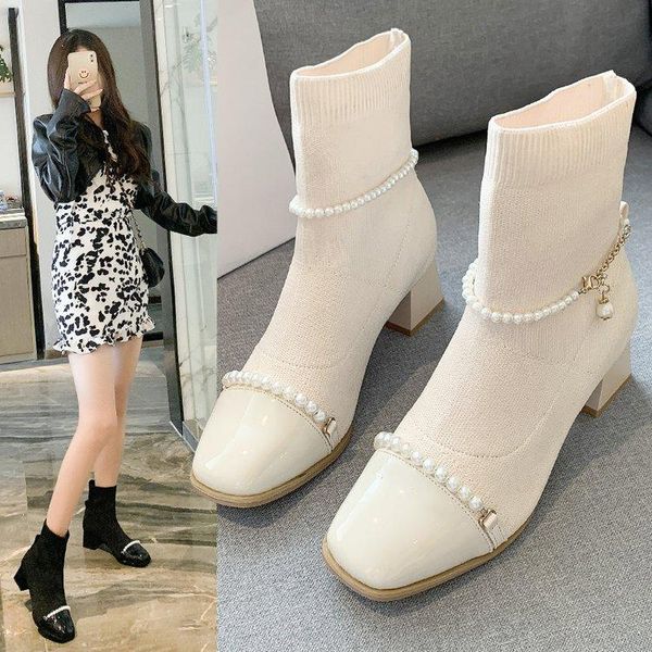 boots autumn women's stretch fabric knight fashion square toe thick heel pearl chain short tube, Black
boots autumn women's stretch fabric knight fashion square toe thick heel pearl chain short tube, Black