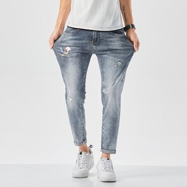men's jeans 2021 spring autumn ripped youth fashion print slim fit jogging pants elasticity denim streetwear nine, Blue
men's jeans 2021 spring autumn ripped youth fashion print slim fit jogging pants elasticity denim streetwear nine, Blue