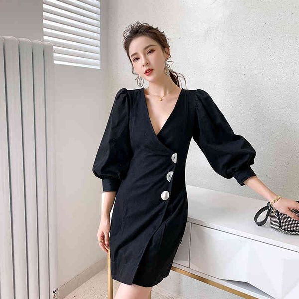 arrival spring autumn women single breasted lantern sleeve v neck dress ol office korean sheath mini dress vestidos 210514, Black;gray
arrival spring autumn women single breasted lantern sleeve v neck dress ol office korean sheath mini dress vestidos 210514, Black;gray