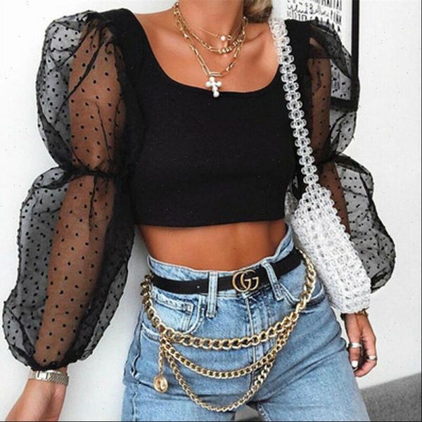 mesh net sheer puff sleeve womens shirts dot print cropped clothing summer female blouses, White
mesh net sheer puff sleeve womens shirts dot print cropped clothing summer female blouses, White