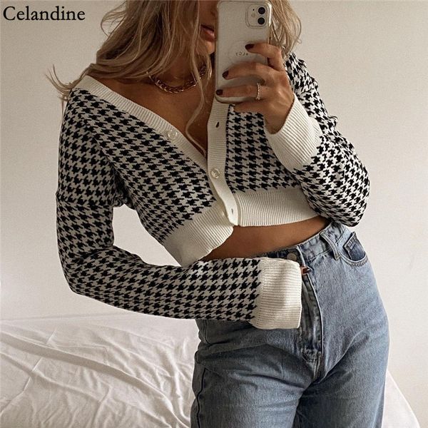 celandine autumn winter fashion houndstooth knitted sweater cardigan women long sleeve v neck short sweaters ladies 2021, White;black
celandine autumn winter fashion houndstooth knitted sweater cardigan women long sleeve v neck short sweaters ladies 2021, White;black