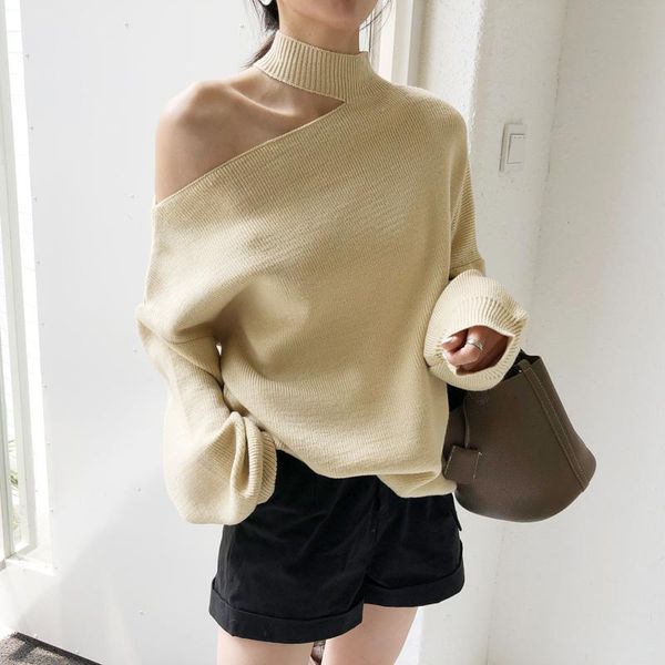women's sweaters 2021 autumn winter off shoulder casual minimalist fashion knitting, White;black
women's sweaters 2021 autumn winter off shoulder casual minimalist fashion knitting, White;black