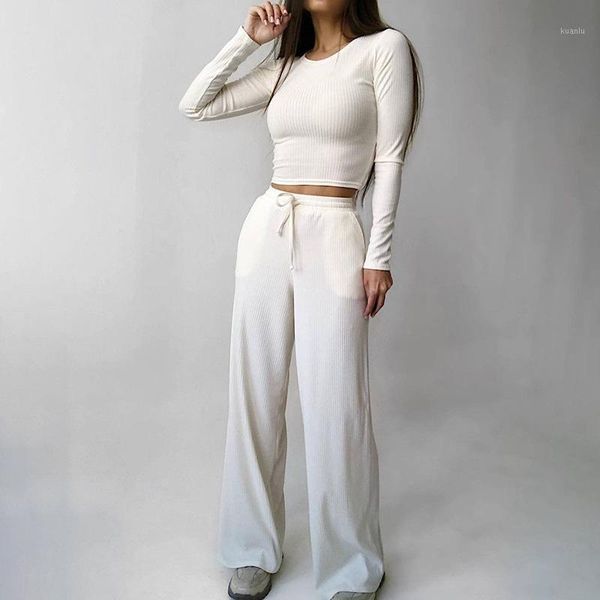 women's two piece pants fashion leisure exposed navel slim fit long sleeve solid color high waist wide leg set, White
women's two piece pants fashion leisure exposed navel slim fit long sleeve solid color high waist wide leg set, White