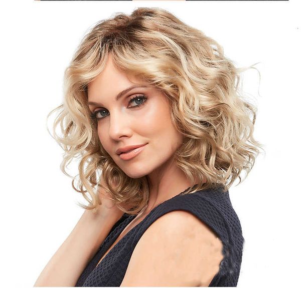 women's long curly middle split pear blossom short hair fashion gold dyed wig cover, Black 
women's long curly middle split pear blossom short hair fashion gold dyed wig cover, Black