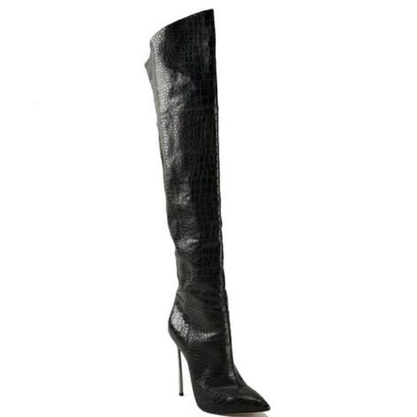 boot leather tag croc pattern metal heel over the to knee razor tips coxa toe high brown spool boots, Black
boot leather tag croc pattern metal heel over the to knee razor tips coxa toe high brown spool boots, Black