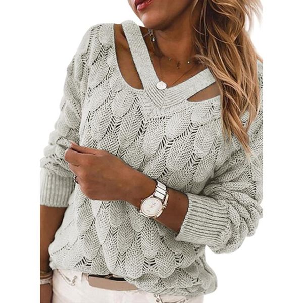 women's sweaters elegant knitted sweater fashion solid color v-neck hollow out long sleeve pullover ladies casual loose, White;black 
women's sweaters elegant knitted sweater fashion solid color v-neck hollow out long sleeve pullover ladies casual loose, White;black