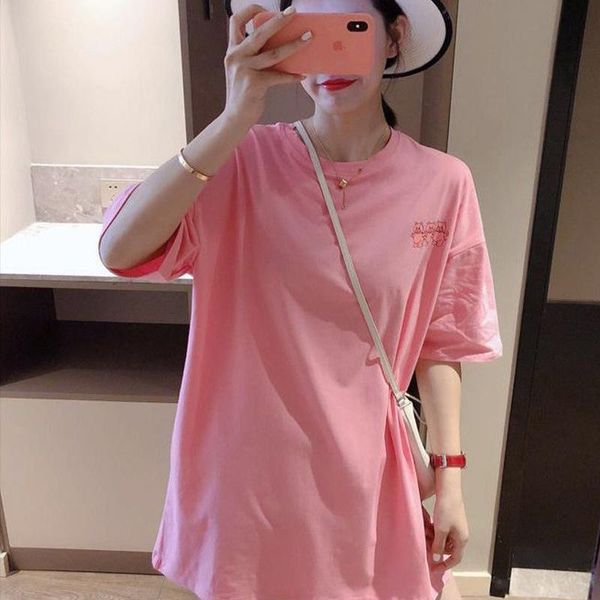 summer cotton short-sleeved t-shirt loose printed mid-length white season women's