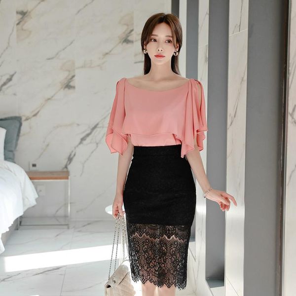 two piece dress summer women set elegant 2 suits fashion ruffles short sleeve chiffon blouse and black lace pencil skirt suit ol sets, White
two piece dress summer women set elegant 2 suits fashion ruffles short sleeve chiffon blouse and black lace pencil skirt suit ol sets, White
