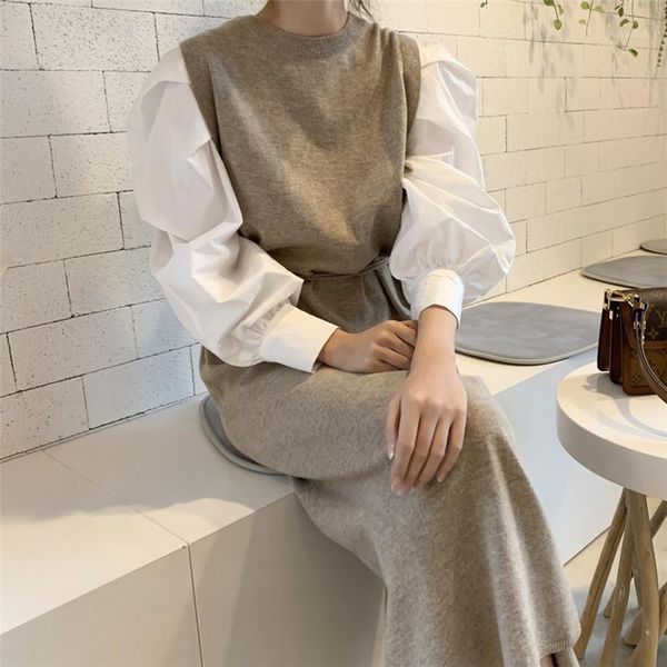 chic contrast color belted knitted dress women fashion shirt patchwork puff sleeve midi sweater vestidos casual dresses, Black;gray
chic contrast color belted knitted dress women fashion shirt patchwork puff sleeve midi sweater vestidos casual dresses, Black;gray