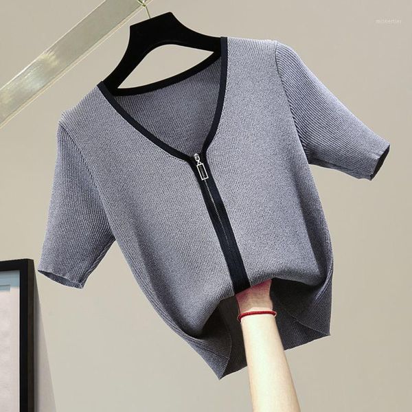 Women's T-Shirt Women 2021 Summer Fashion Ice Silk Knitted Tops Female Short-sleeved Slim Ladies V-neck Thin Zipper Q11, White
Women's T-Shirt Women 2021 Summer Fashion Ice Silk Knitted Tops Female Short-sleeved Slim Ladies V-neck Thin Zipper Q11, White