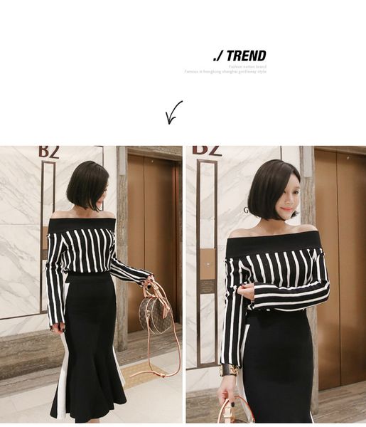 2021 2 piece set autumn spring women es black stripe long sleeve slash neck casual knitting +high waist mermaid skirt, White
2021 2 piece set autumn spring women es black stripe long sleeve slash neck casual knitting +high waist mermaid skirt, White