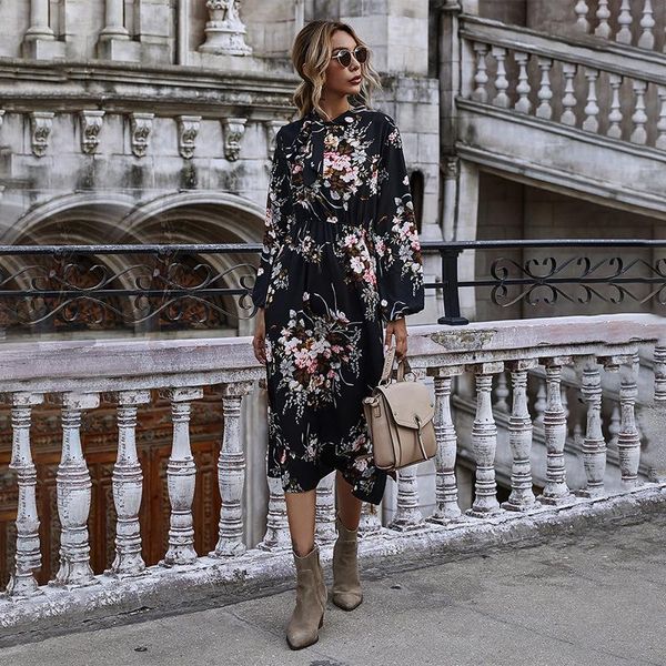 casual dresses puff sleeve autumn winter floral dress women bow stand collar high wasit long 2021, Black;gray
casual dresses puff sleeve autumn winter floral dress women bow stand collar high wasit long 2021, Black;gray