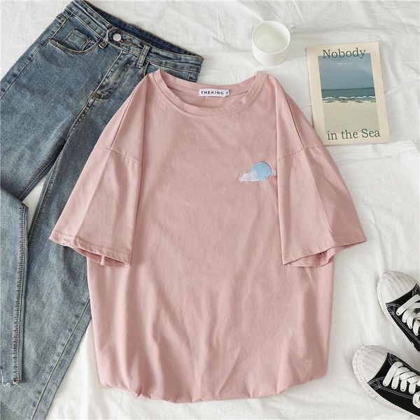 women short sleeve t-shirts o-neck embroidery casual simple soft korean style trendy loose womens sweet girls harajuku chic women's t-, White