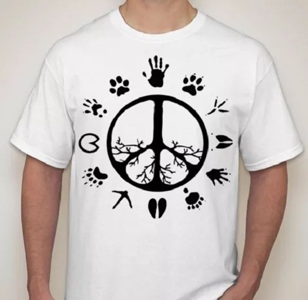peace sign tree roots animal footprints vegetarian vegan animal rights tee shirt, White;black 
peace sign tree roots animal footprints vegetarian vegan animal rights tee shirt, White;black