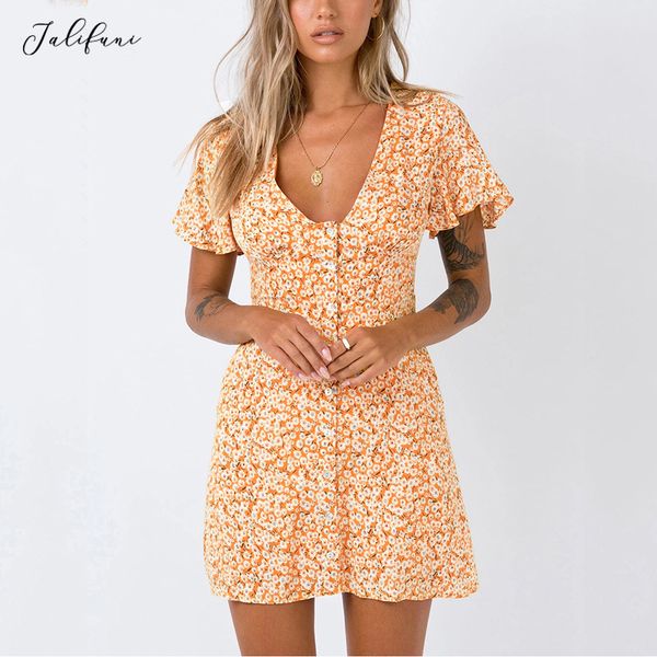 vintage floral print mini dress women deep v neck boho beach dresses summer short sleeve casual button dress robes 210415, Black;gray 
vintage floral print mini dress women deep v neck boho beach dresses summer short sleeve casual button dress robes 210415, Black;gray