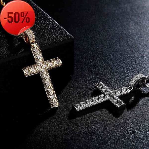 hip hop grid full zircon cross pendant necklace simple fashion jewelry for men and women, Silver