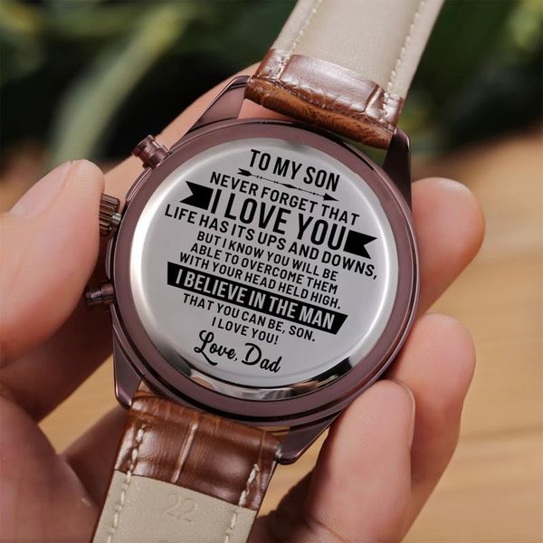 wristwatches dad to my son stainless steel engraved watches calendar 24-hours seconds analog men fashion luxury gift, Slivery;brown
wristwatches dad to my son stainless steel engraved watches calendar 24-hours seconds analog men fashion luxury gift, Slivery;brown