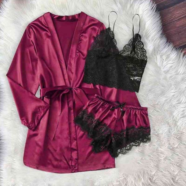 3pcs pajamas lace bralette women sleepwear shorts bathrobe nightwear solid pijama suits satin long sleeve, Black;red
3pcs pajamas lace bralette women sleepwear shorts bathrobe nightwear solid pijama suits satin long sleeve, Black;red