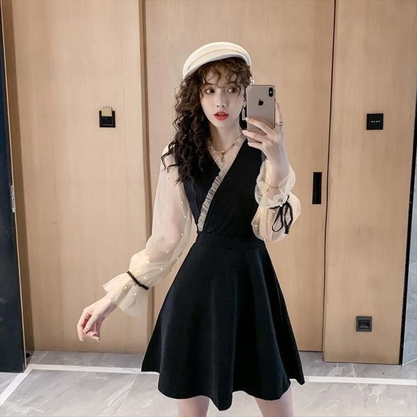 autumn one piece korean women dresses mesh patchwork slim long sleeve middle waist black 5709, Black;gray
autumn one piece korean women dresses mesh patchwork slim long sleeve middle waist black 5709, Black;gray